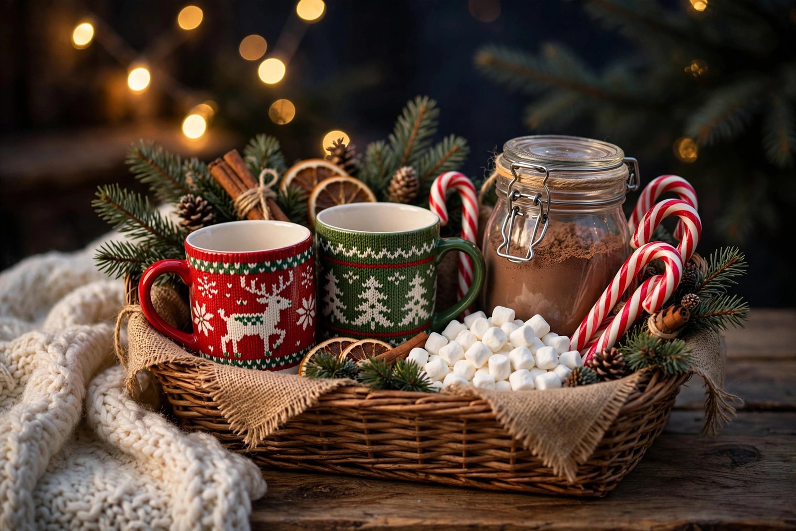 Hot cocoa gift basket with Christmas mugs, cocoa mix and marshmallows