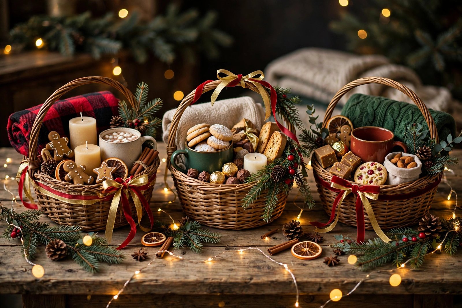 Christmas gift basket ideas - cozy holiday gift baskets with candles, mugs and warm treats