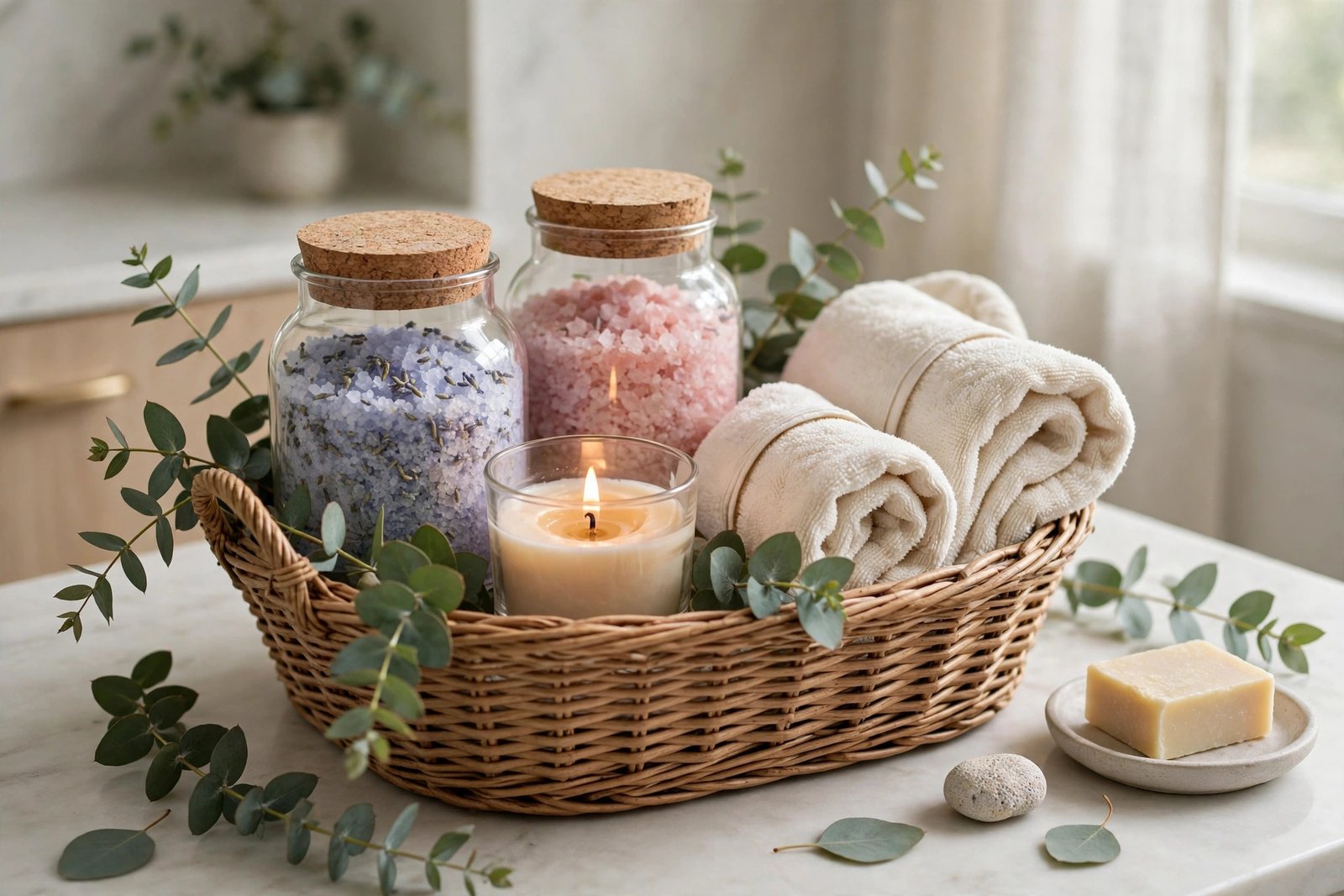 Spa gift basket with bath salts, a candle and soft towels