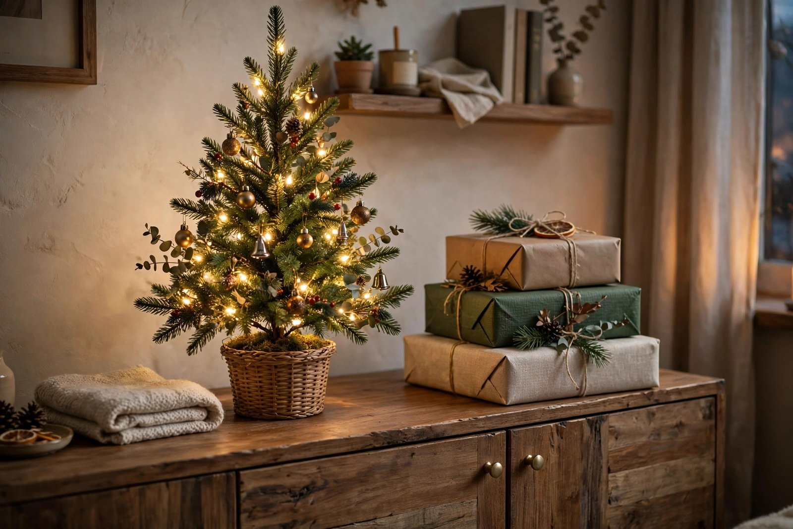Pre-lit tabletop mini Christmas tree on a sideboard in a small apartment
