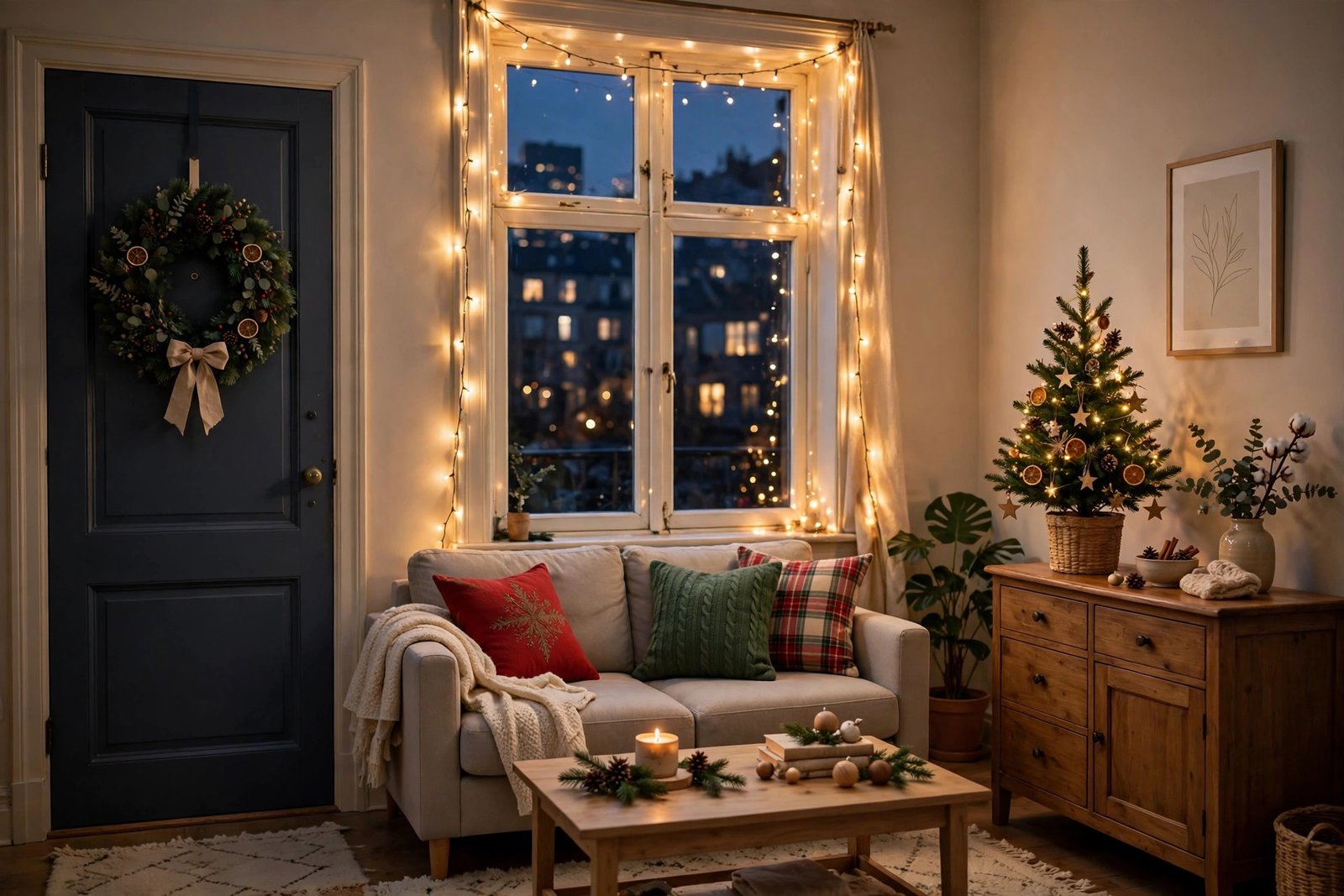 Small apartment Christmas decor - mini tree, fairy lights and cozy cushions in a compact living room