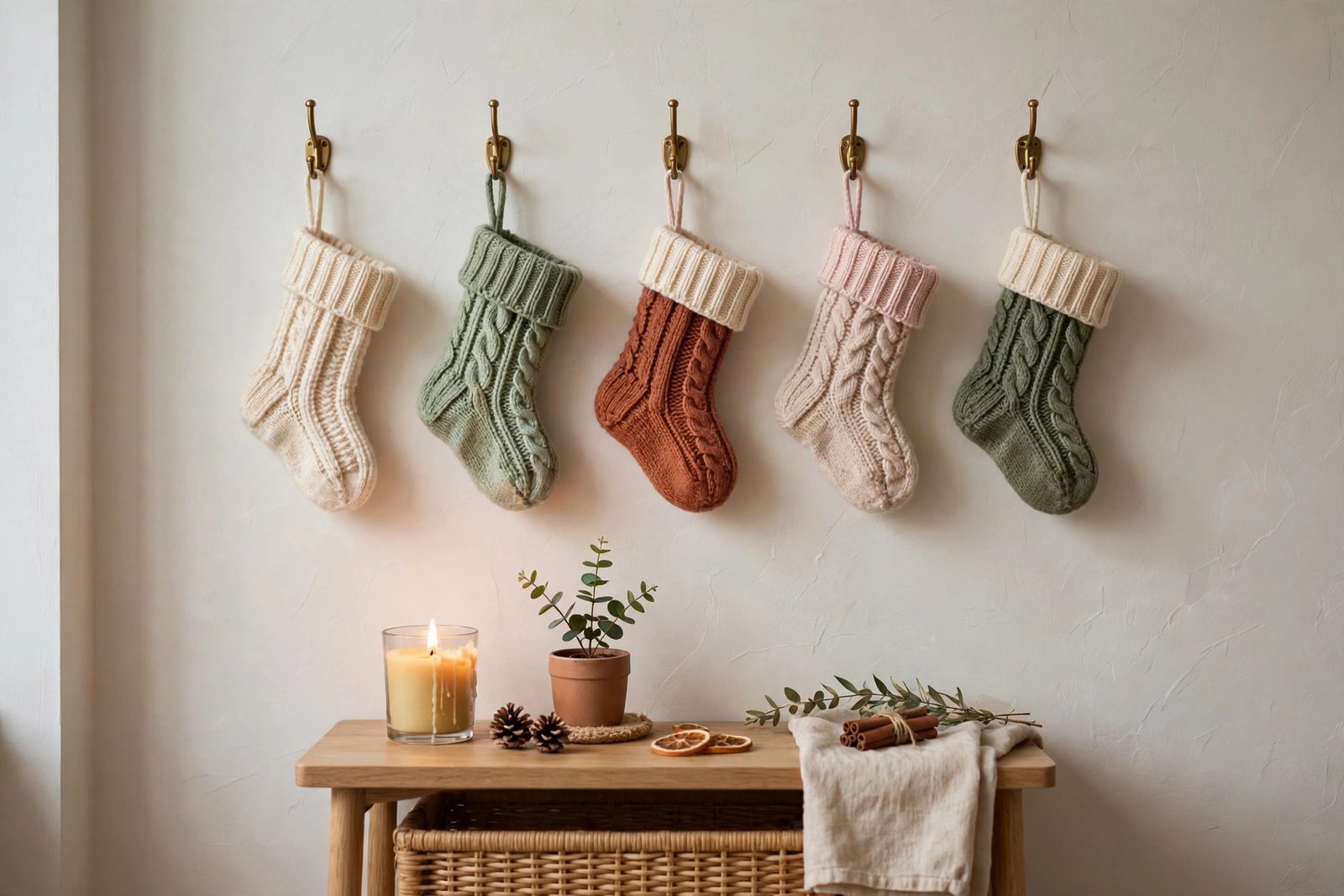 Mini Christmas stockings hanging on a wall hook strip in a small apartment