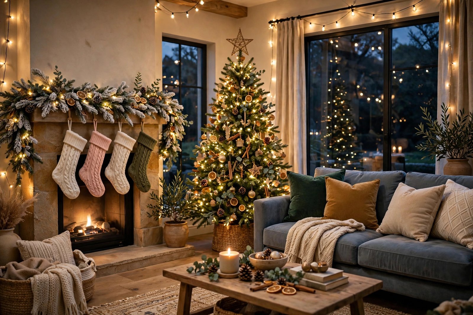 Christmas living room decor ideas - cozy room with a lit tree, garland and warm fairy lights