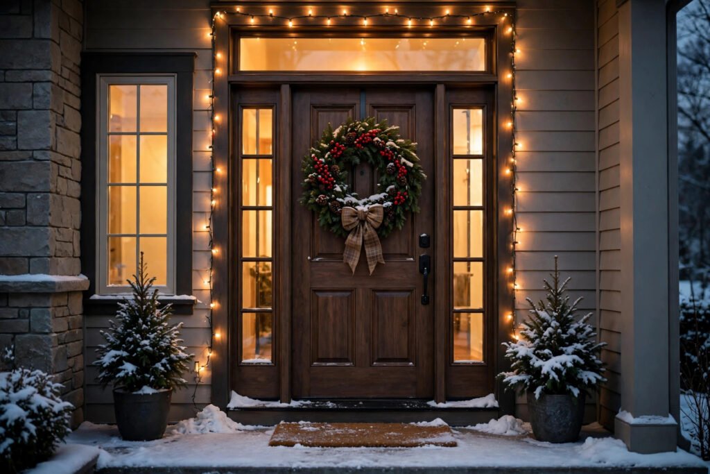 Christmas wreath on a front door with warm string lights