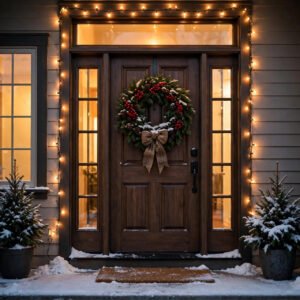 Christmas wreath on a front door with warm string lights