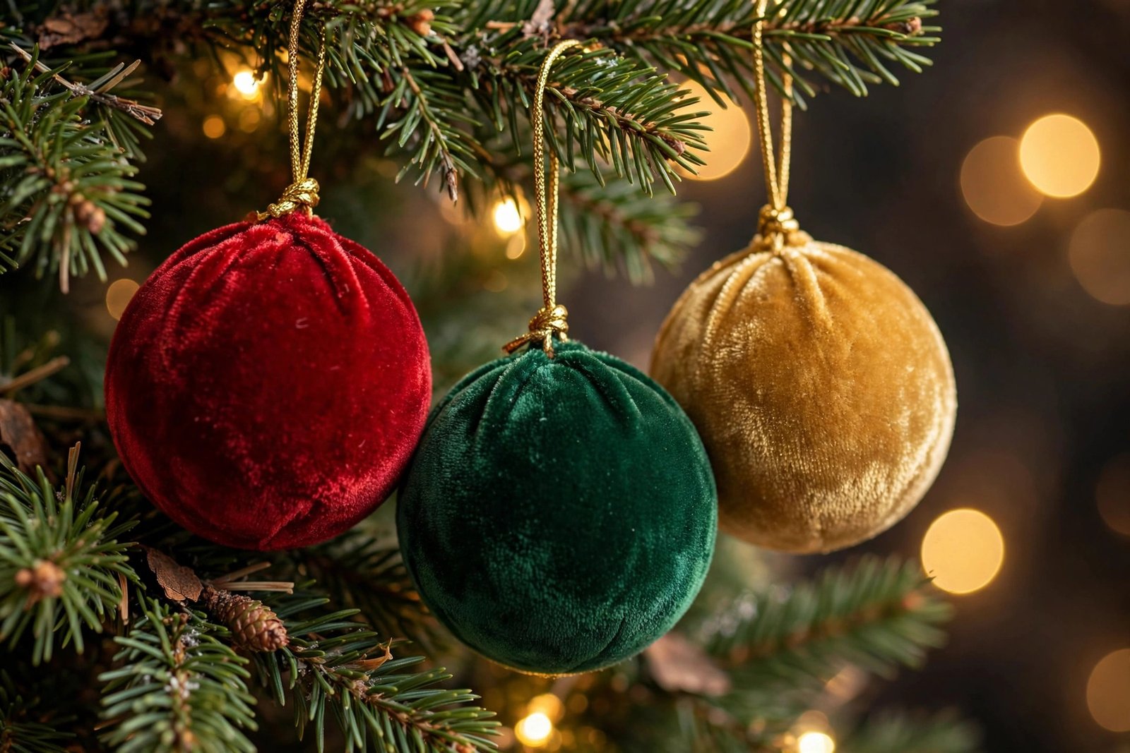 Velvet Christmas ornaments and festive tree decorations